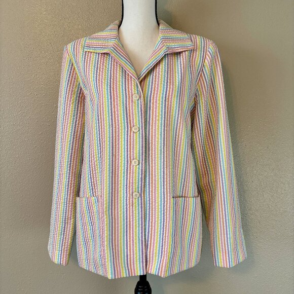 Adorable White Seersucker Jacket with Rainbow Pastel Striped‎ Jacket Womens - Picture 1 of 10